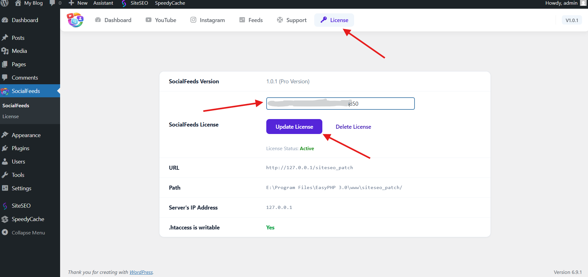 SocialFeeds License  page
