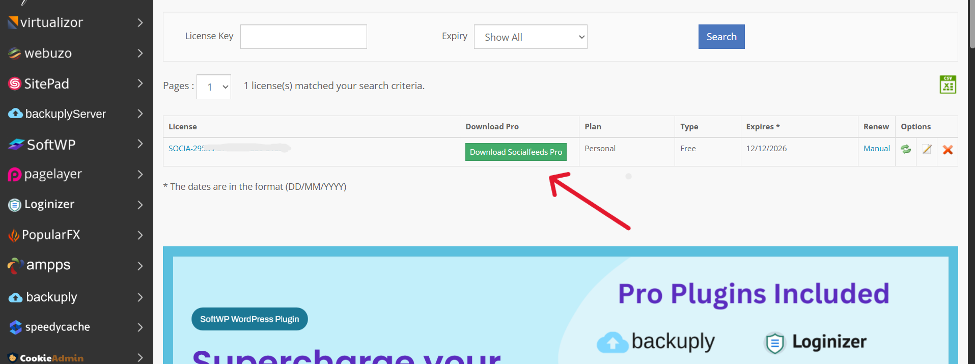Download SocialFeeds Pro from Softaculous Client