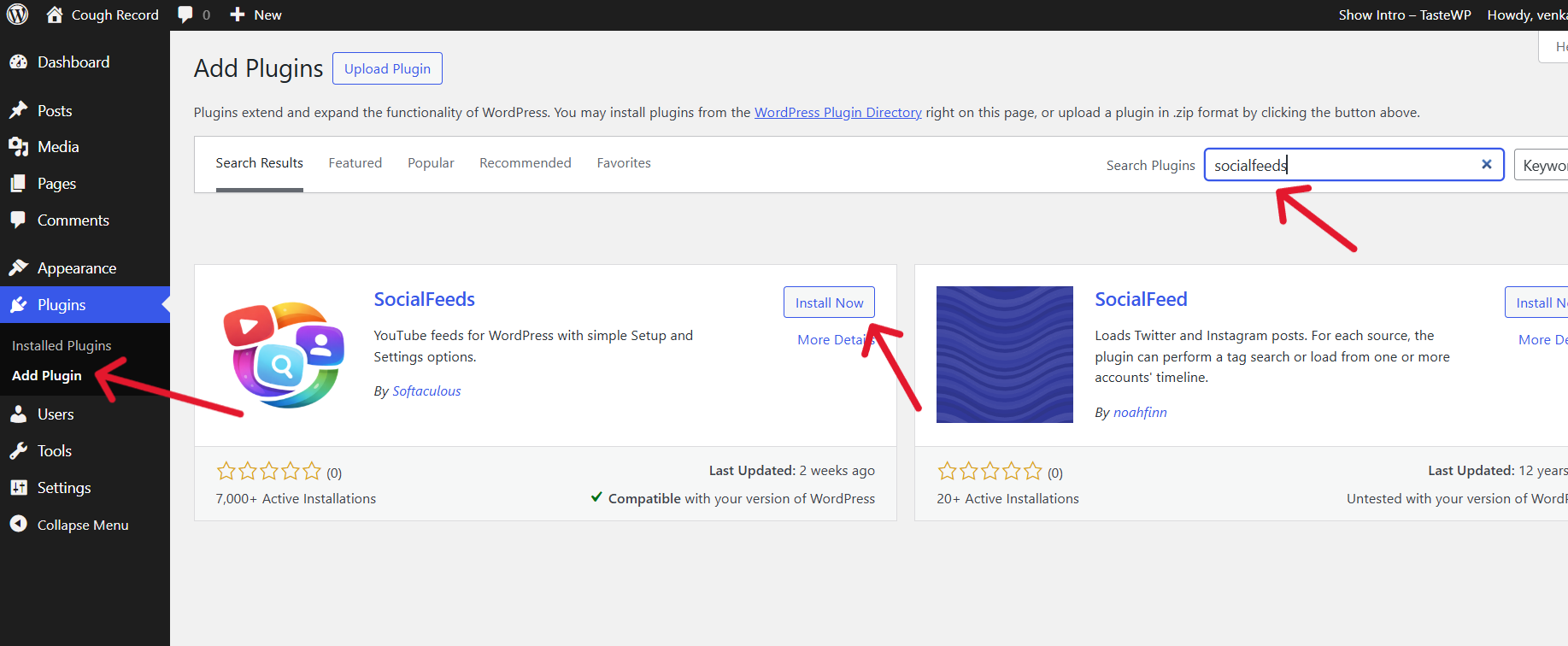 SocialFeeds Install form WordPress